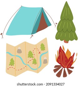 Set of cliparts hike, camping. Vector illustration isolated on white background.