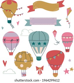 Set of cliparts Hot air balloon in the sky with clouds. Vector print for children. Ribbon for text template. Flying in the sky is cute. The kite is pink. Kids art clipart isolated. Toddler baby print