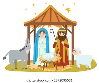 Set of cliparts of Nativity scene with baby Jesus, Mary, Joseph, animals and in Bethlehem in cartoon flat style.Vector illustration