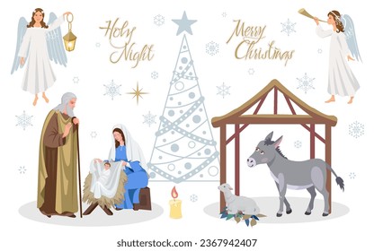 Conjunto de partes de la escena de la natividad de la familia santa con el bebé Jesús, María, José en Belén. Ángel y ángel de la Trumpeta con linterna, árbol de Navidad, copos de nieve, letras.