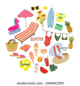 A set of cliparts on the theme of summer. Vector illustrations are drawn by hand. 