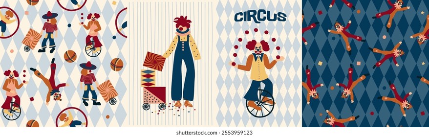  Set of cliparts and seamless pattern. Colorful circus background, funny clowns, jugglers, acrobats, cheerful carnival with balloons and confetti, hand drawn