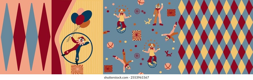  Set of cliparts and seamless pattern. Colorful circus background, funny clowns, jugglers, acrobats, cheerful carnival with balloons and confetti, hand drawn