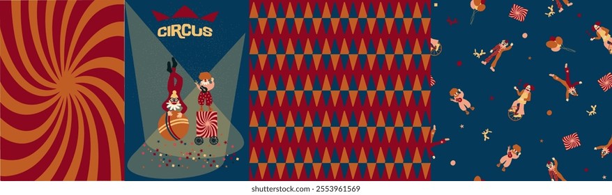  Set of cliparts and seamless pattern. Colorful circus background, funny clowns, jugglers, acrobats, cheerful carnival with balloons and confetti, hand drawn