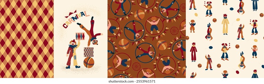  Set of cliparts and seamless pattern. Colorful circus background, funny clowns, jugglers, acrobats, cheerful carnival with balloons and confetti, hand drawn