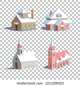 Set of clip-arts of winter houses and churches. Vector art illustration
