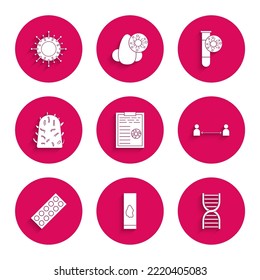 Set Clipboard With Blood Test Results, Blood And Virus, DNA Symbol, Safe Distance, Pills In Blister Pack, Rabies, Test Tube And Virus Icon. Vector