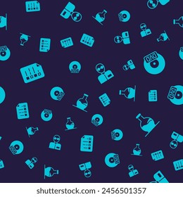 Set Clipboard with checklist, CD or DVD disk, Teacher and Test tube on seamless pattern. Vector