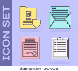 Set Clipboard with checklist, Document with shield, Filled form and Mail and e-mail icon. Vector