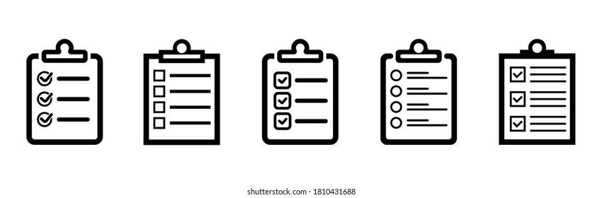 Set of clipboard checklist or document, vector isolated icons or signs, clipboard with checkmark cross and text, clipboard concept, checklist document, clipboard icon vector