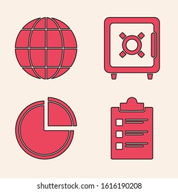 Set Clipboard with checklist, Earth globe, Safe and Pie chart infographic icon. Vector