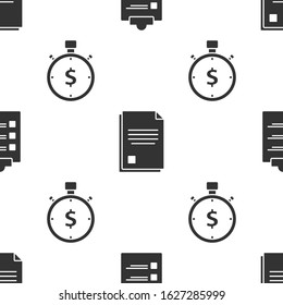 Set Clipboard with checklist, File document and Time is money on seamless pattern. Vector