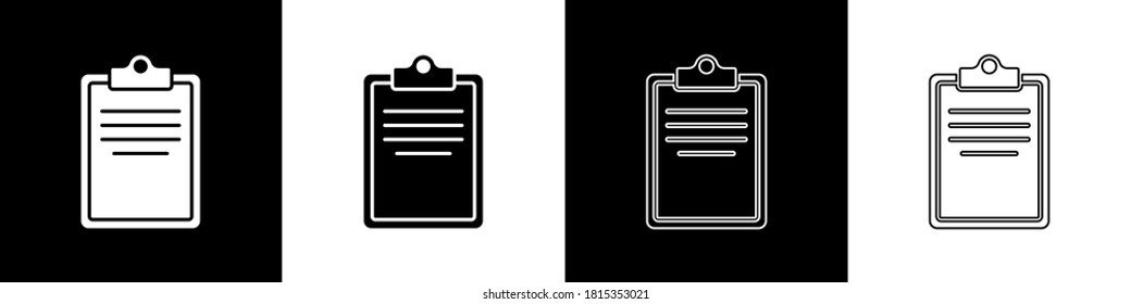 Set Clipboard with checklist icon isolated on black and white background. Control list symbol. Survey poll or questionnaire feedback form.  Vector