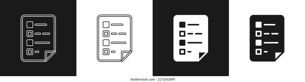 Set Clipboard with checklist icon isolated on black and white background. Control list symbol. Survey poll or questionnaire feedback form.  Vector