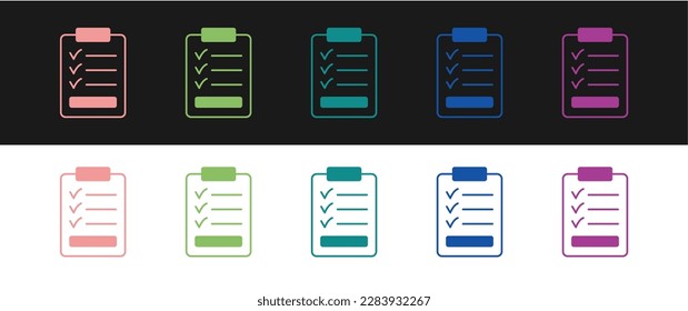 Set Clipboard with checklist icon isolated on black and white background. Control list symbol. Survey poll or questionnaire feedback form.  Vector