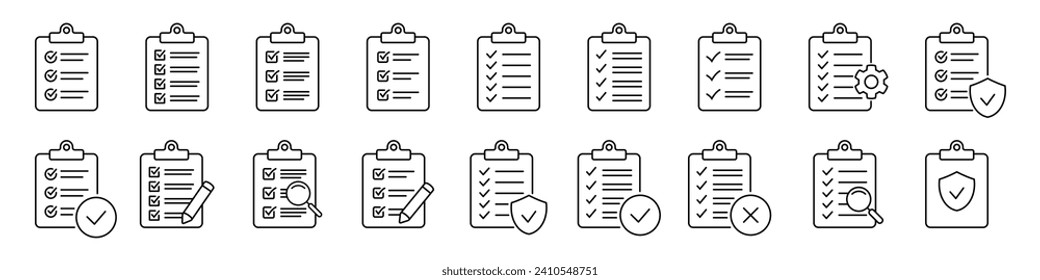 Set of clipboard with checklist icons. Clipboard line icon. Checklist with gear, magnifier and pencil. symbol for web site and app design. Vector illstration.