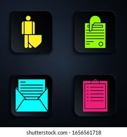 Set Clipboard with checklist, Life insurance with shield, Mail and e-mail and File document and paper clip. Black square button. Vector