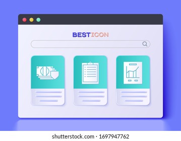Set Clipboard with checklist, Money with shield and Document with graph chart icon. Vector