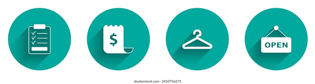 Set Clipboard with checklist, Paper and financial, Hanger wardrobe and Hanging sign text Open icon with long shadow. Vector