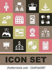 Set Clipboard with checklist, People lamp bulb, Project team base, Briefcase, Calendar, Speech bubble chat, Stage stand or tribune and Chat messages on phone icon. Vector