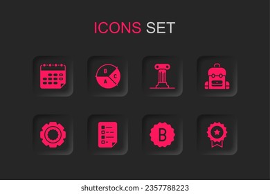 Set Clipboard with checklist, Pie chart infographic, School timetable, Exam paper incorrect answers, backpack, Medal star, Law pillar and Gear icon. Vector