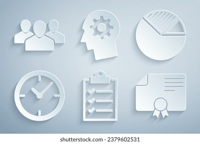 Set Clipboard with checklist, Pie chart infographic, Clock, Certificate template, Human head gear inside and Users group icon. Vector