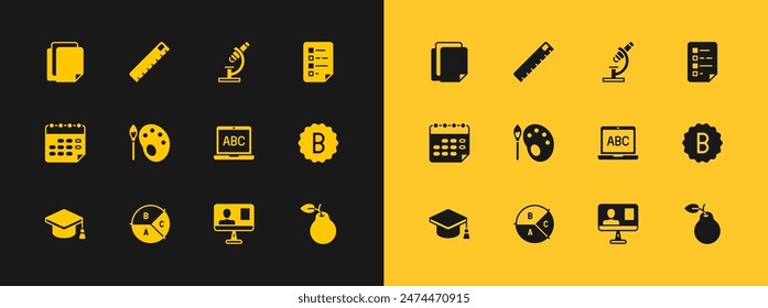Set Clipboard with checklist, Pie chart infographic, Laptop, Online class, Paint brush palette, Microscope, File document and Ruler icon. Vector