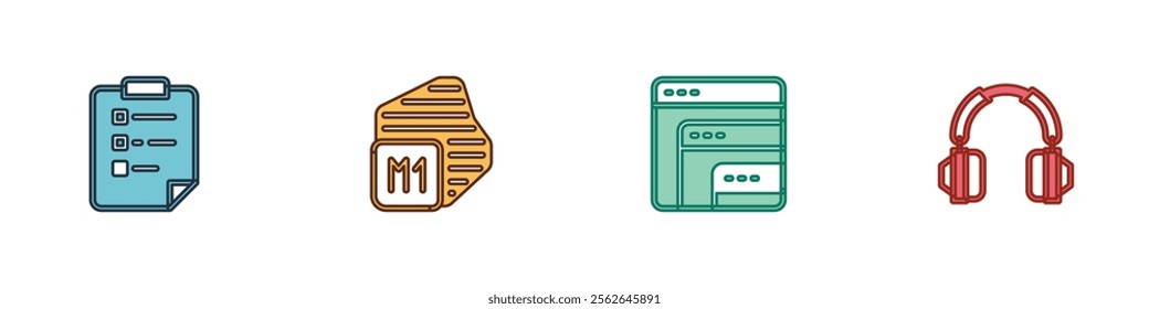 Set Clipboard with checklist, Processor, Software and Headphones icon. Vector