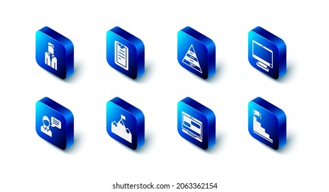 Set Clipboard with checklist, Pyramid chart infographics, Computer monitor, Stair finish flag, Chat messages laptop, Mountains, Speech bubble chat and Worker icon. Vector
