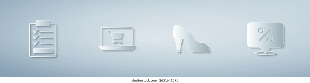 Set Clipboard with checklist, Shopping cart on screen laptop, Woman shoe and Discount percent tag. Paper art style. Vector