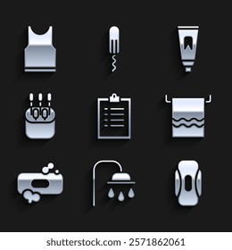 Set Clipboard with checklist, Shower head, Sanitary napkin, Towel on hanger, Bar of soap, Cotton swab for ears, Tube toothpaste and Sleeveless T-shirt icon. Vector