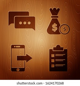 Set Clipboard with checklist, Speech bubble chat, Smartphone, mobile phone and Money bag and coin on wooden background. Vector