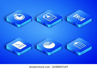 Set Clipboard with checklist, Stopwatch, Pie chart infographic, Phone book, Resume and Old hourglass icon. Vector