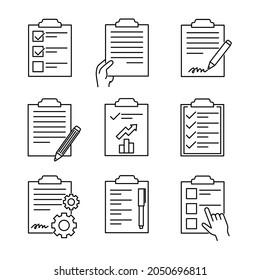 Set of clipboard chek icons. Flat pictogram for web. Line stroke. Simple pad symbol isolated on white background. Outline list test vector eps10