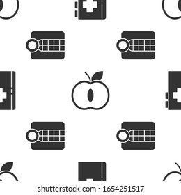 Set Clipboard with dental card, Apple and Dentures model on seamless pattern. Vector