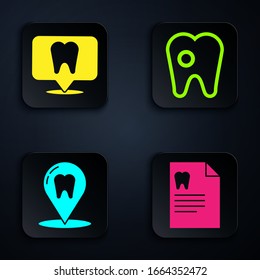 Set Clipboard with dental card, Dental clinic location, Dental clinic location and Tooth with caries. Black square button. Vector