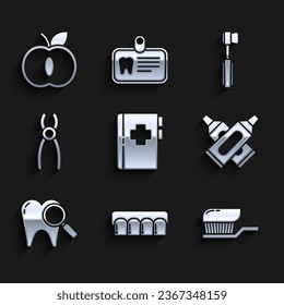 Set Clipboard with dental card, Dentures model, Toothbrush toothpaste, Crossed tube of, Dental search, pliers,  and Apple icon. Vector