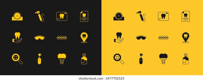 Set Clipboard with dental card, Electric toothbrush, Teeth braces, Dental implant, Safety goggle glasses, X-ray of, Otolaryngological head reflector and Tooth drill icon. Vector