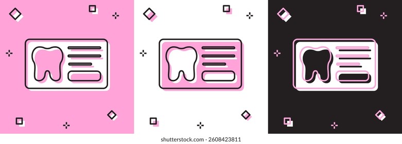 Set Clipboard with dental card or patient medical records icon isolated on pink and white, black background. Dental insurance. Dental clinic report.  Vector