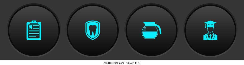 Set Clipboard with dental card, Dental protection, Coffee pot and Graduate graduation cap icon. Vector.