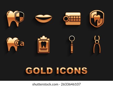 Set Clipboard with dental card, Dental protection, pliers, inspection mirror, Calcium for tooth, Dentures model,  and Smiling lips icon. Vector