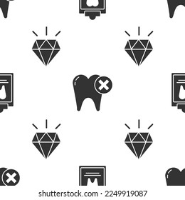 Ponga el Portapapeles con tarjeta dental, Diente con caries y Diamante dientes en un patrón sin fisuras. Vector