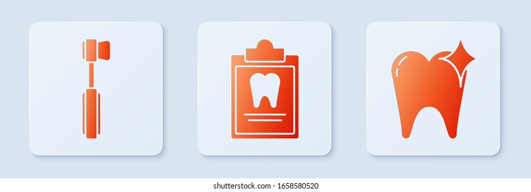 Set Clipboard with dental card, Toothbrush and Tooth whitening concept. White square button. Vector