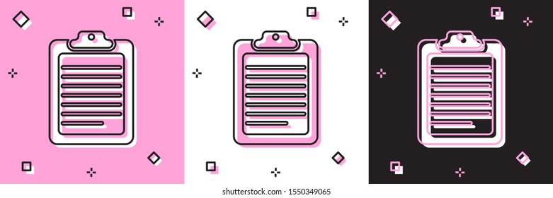 Set Clipboard with document icon isolated on pink and white, black background.  Vector Illustration