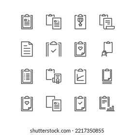 Conjunto de iconos del portapapeles y del documento, lista de verificación, petición, contacto y vectores de variedad lineal.