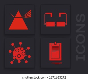Set Clipboard with document, Light rays in prism, Glasses and Bacteria icon. Vector
