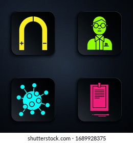 Set Clipboard with document, Magnet, Bacteria and Scientist. Black square button. Vector
