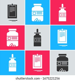 Coloque el Portapapeles con el documento, frasco de Medicina y pastillas y frasco de vidrio con un icono de pipeta. Vector