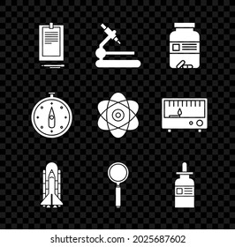 Set Clipboard with document, Microscope, Medicine bottle and pills, Space shuttle rockets, Magnifying glass, Glass pipette, Compass and Atom icon. Vector