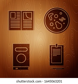 Set Clipboard with document, Open book, Book and Bacteria on wooden background. Vector